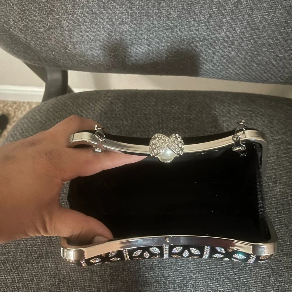 New handmade bedazzled metal clutch bag for women black silver gold rhinestones